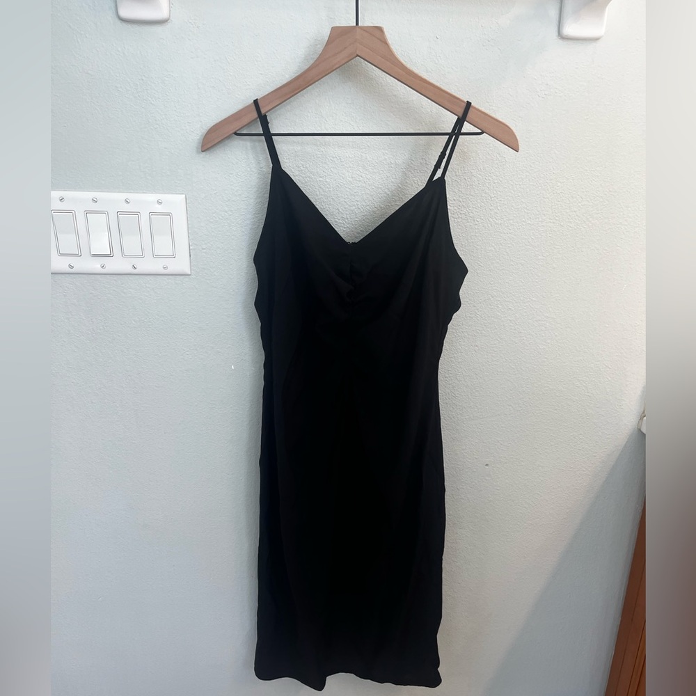 Nine West Black Slip Dress, rayon/polyester, ruched front
